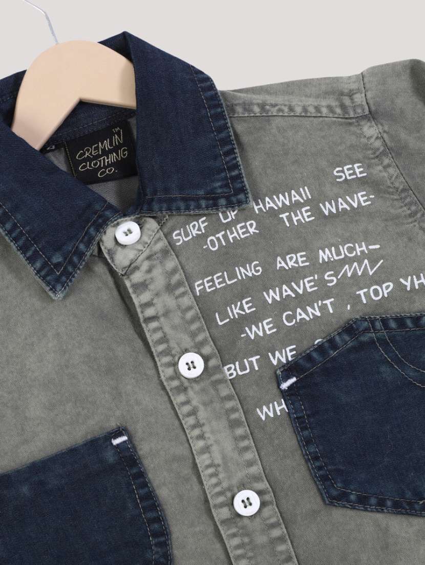 boys grey printed long sleeves denim shirt - 19890602 -  Standard Image - 2