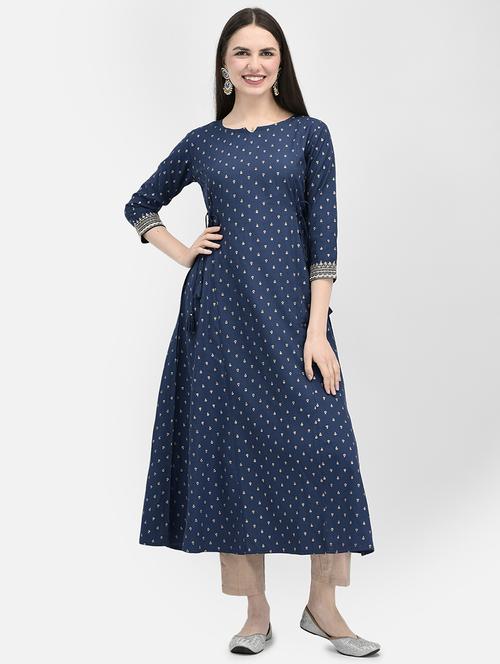 women navy blue printed notch neck a-line kurta - 19891709 - Standard Image - 0