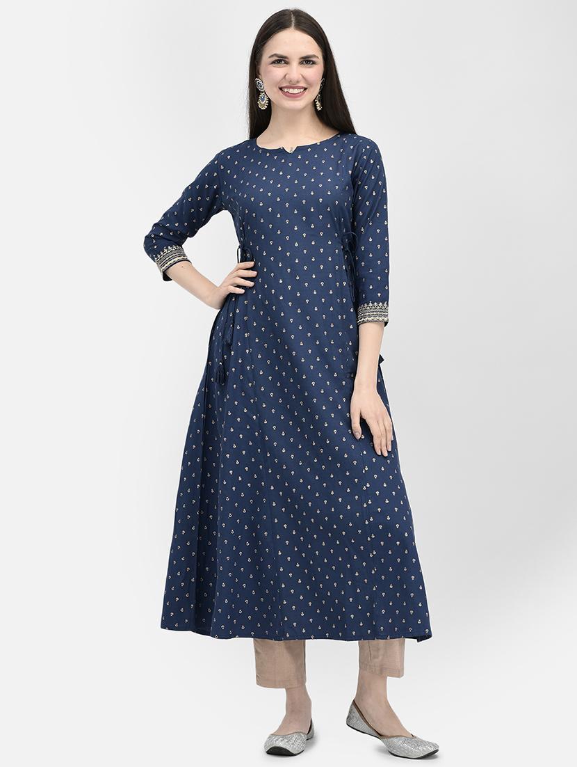 women navy blue printed notch neck a-line kurta - 19891709 - Zoom Image - 0