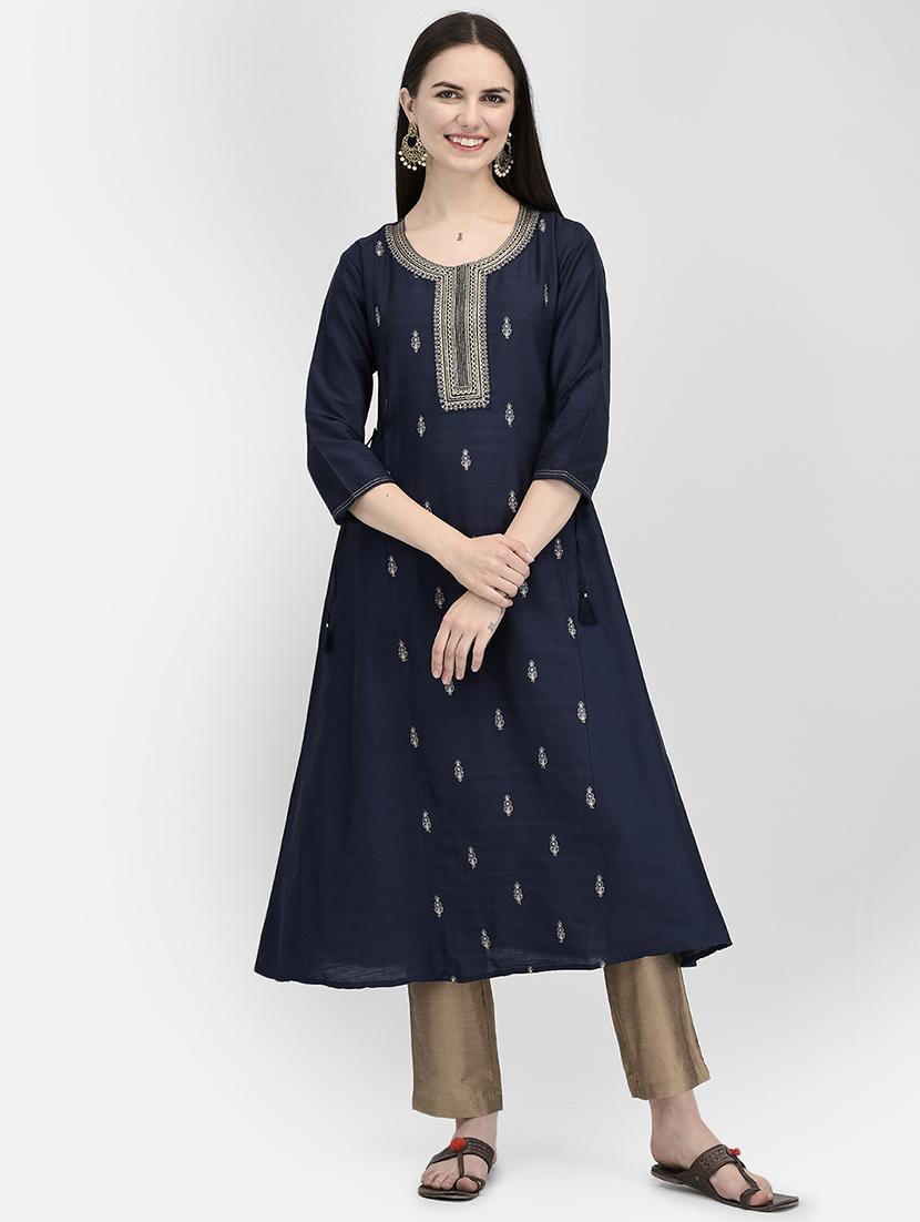 blue silk aline kurta - 19891710 - Zoom Image - 0