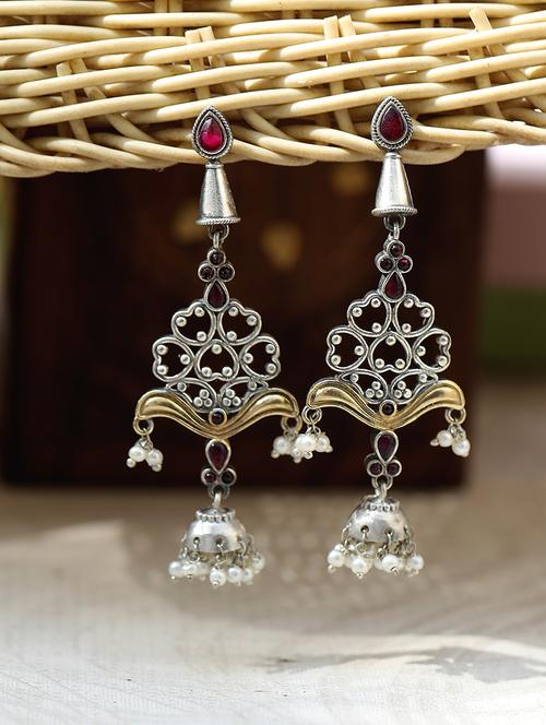 red silver tone brass jhumka - 19895031 -  Standard Image - 0