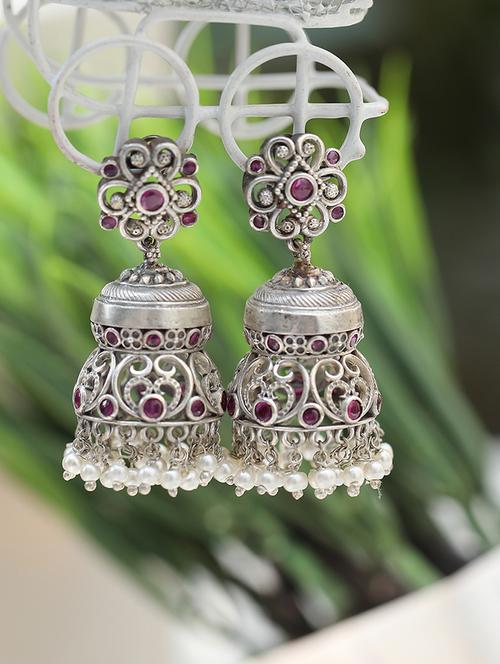 red silver tone brass jhumka - 19895034 - Standard Image - 0