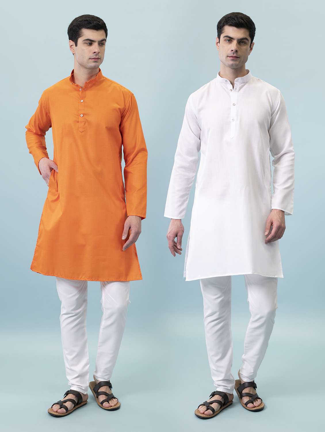 men pack of 2 solid mandarin neck long kurta