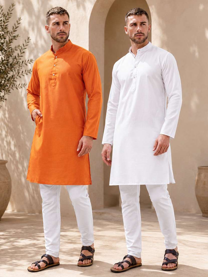 men pack of 2 solid mandarin neck long kurta