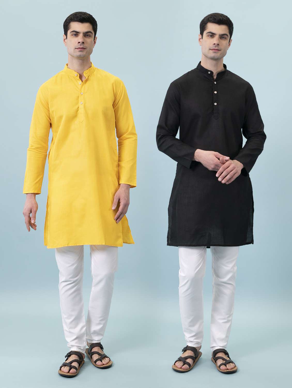 men pack of 2 solid mandarin neck long kurta