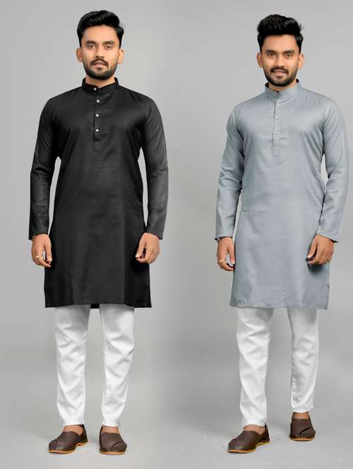 Men Pack Of 2 Solid Mandarin Neck Long Kurta