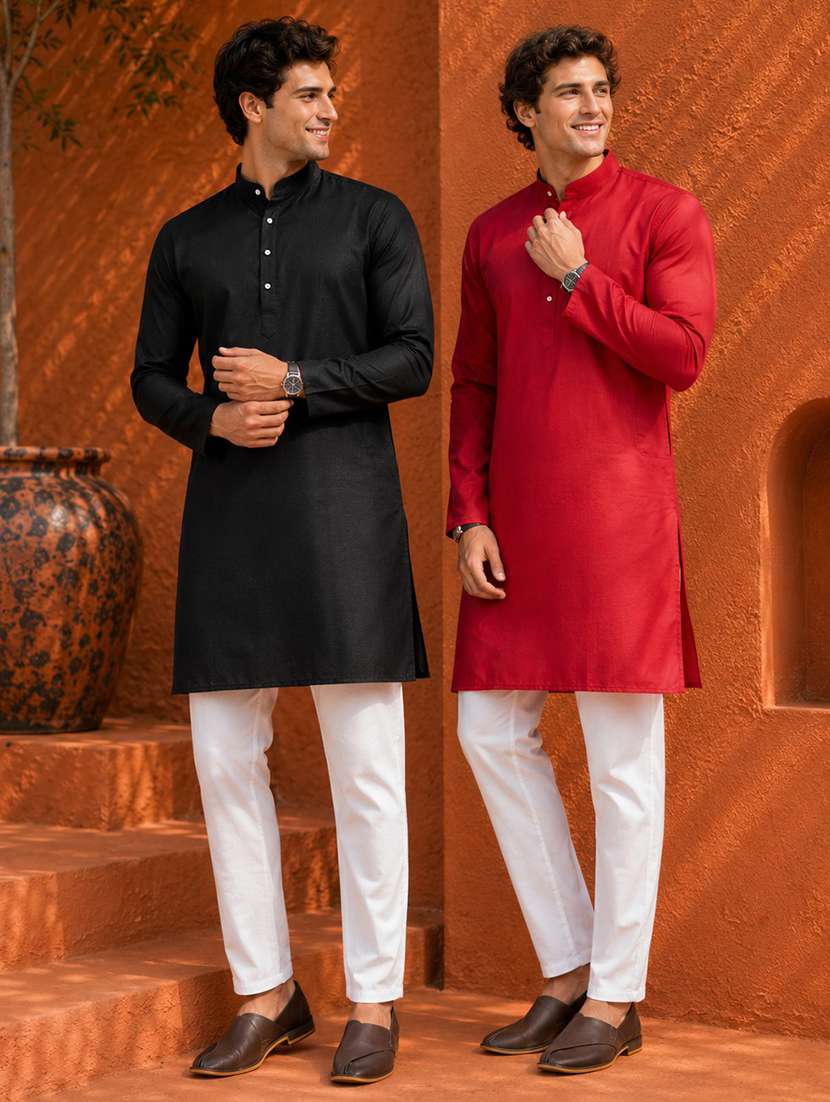 men pack of 2 solid mandarin neck long kurta