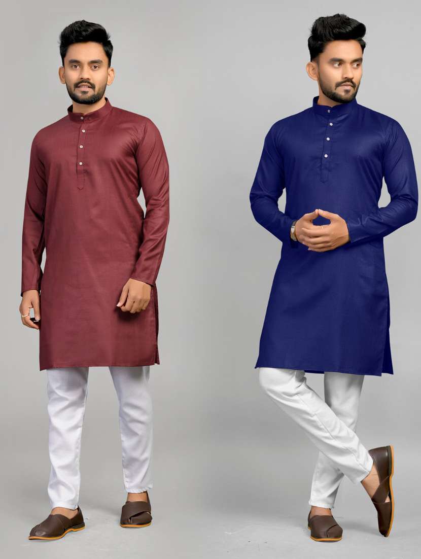 men pack of 2 solid mandarin neck long kurta