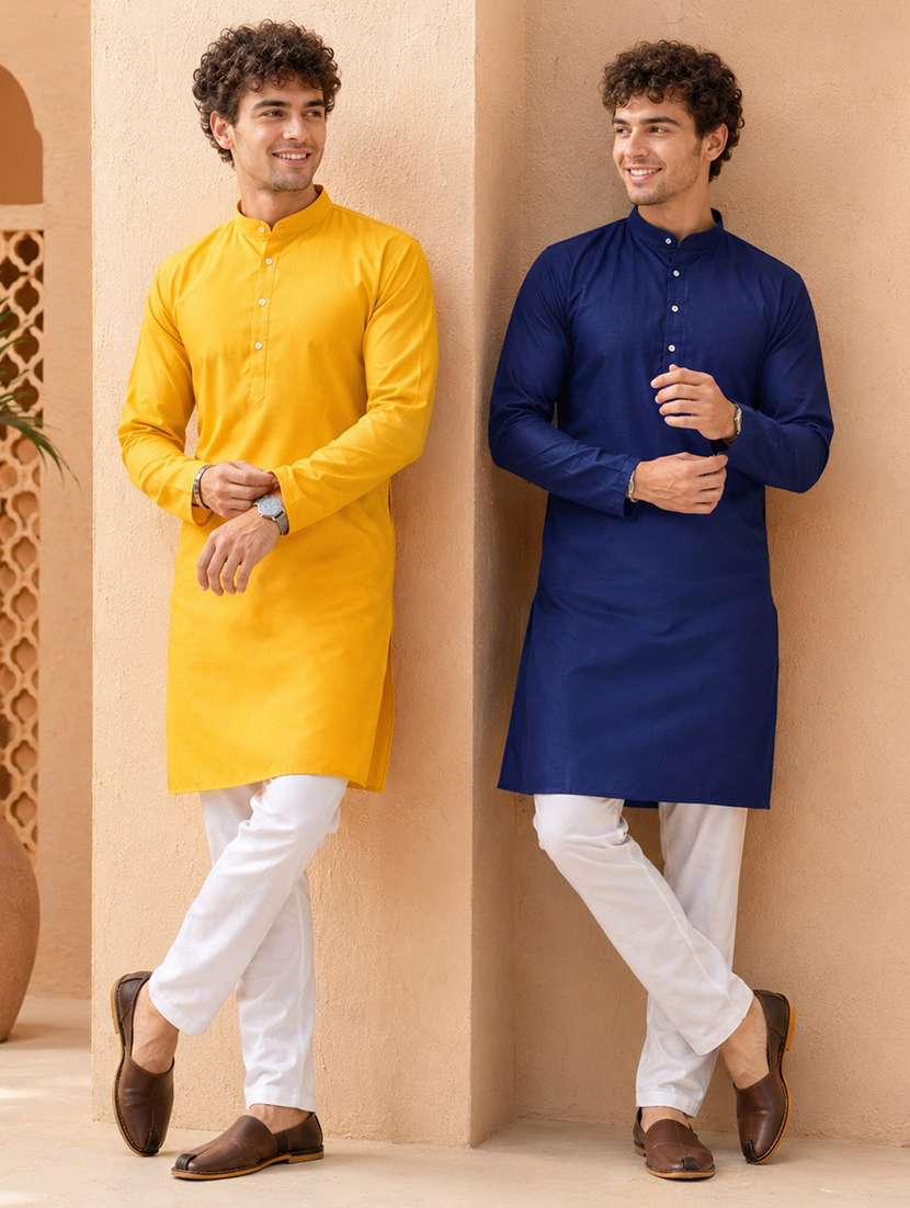 men pack of 2 solid mandarin neck long kurta