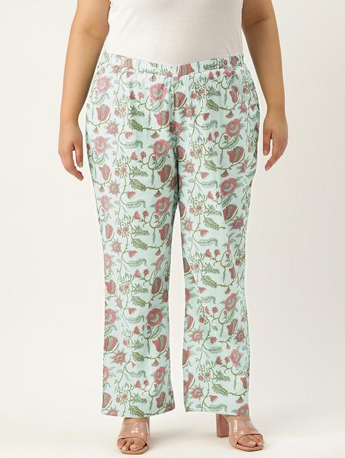 green printed cotton plus trouser - 19896876 - Standard Image - 0
