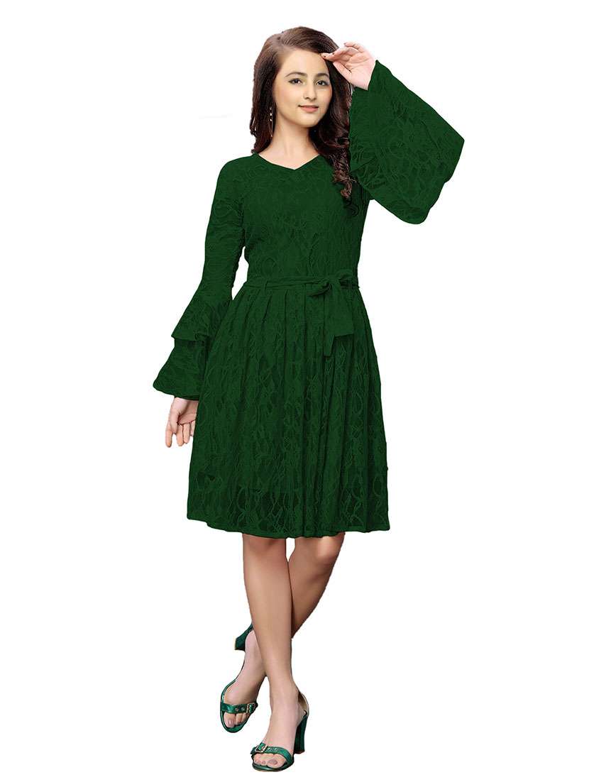 green bell sleeves fit & flare dress with waist belt 
