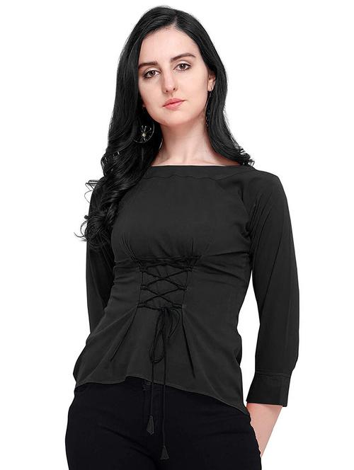 women's solid black boat neck top - 19899935 -  Standard Image - 0