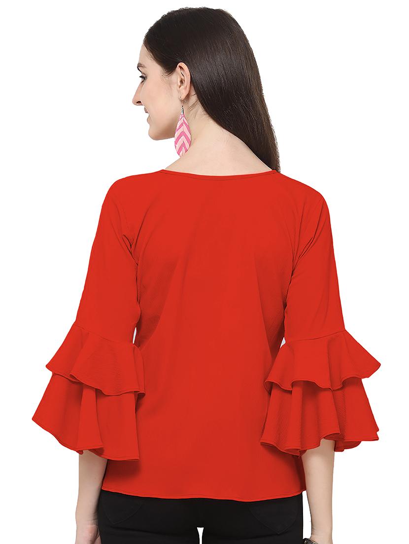 red solid round neck bell sleeves regular top - 19899941 - Standard Image - 2