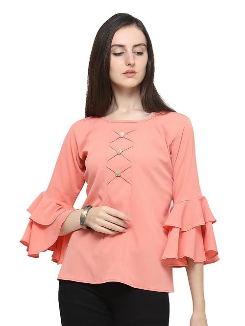 peach solid round neck bell sleeves regular top - 19899943 -  Standard Image - 0
