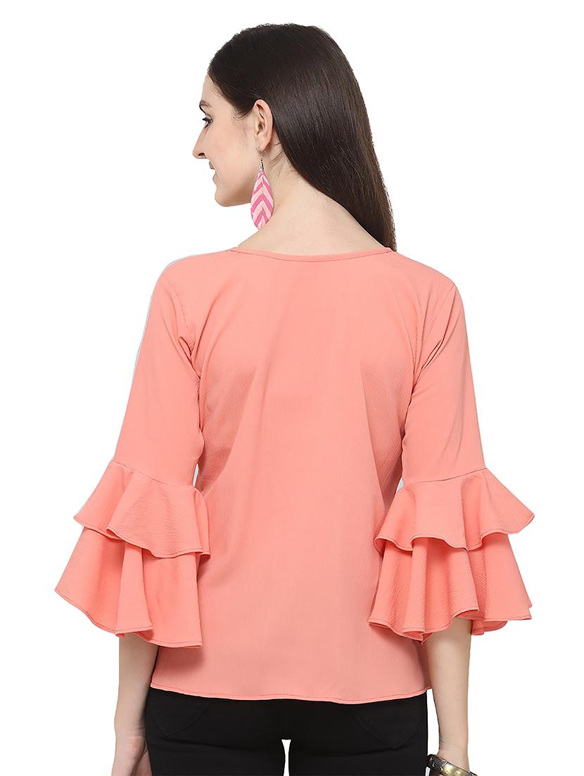 peach solid round neck bell sleeves regular top - 19899943 - Standard Image - 2