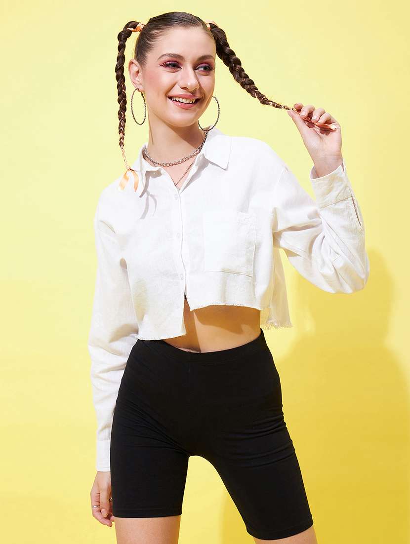 women solid color crop shirt