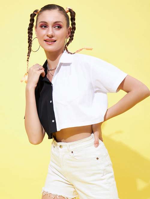 shirt collar color block crop shirt - 19902775 -  Standard Image - 0