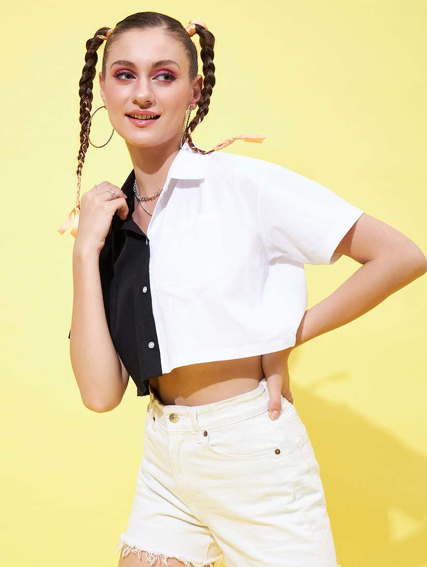 shirt collar color block crop shirt - 19902775 -  Zoom Image - 0