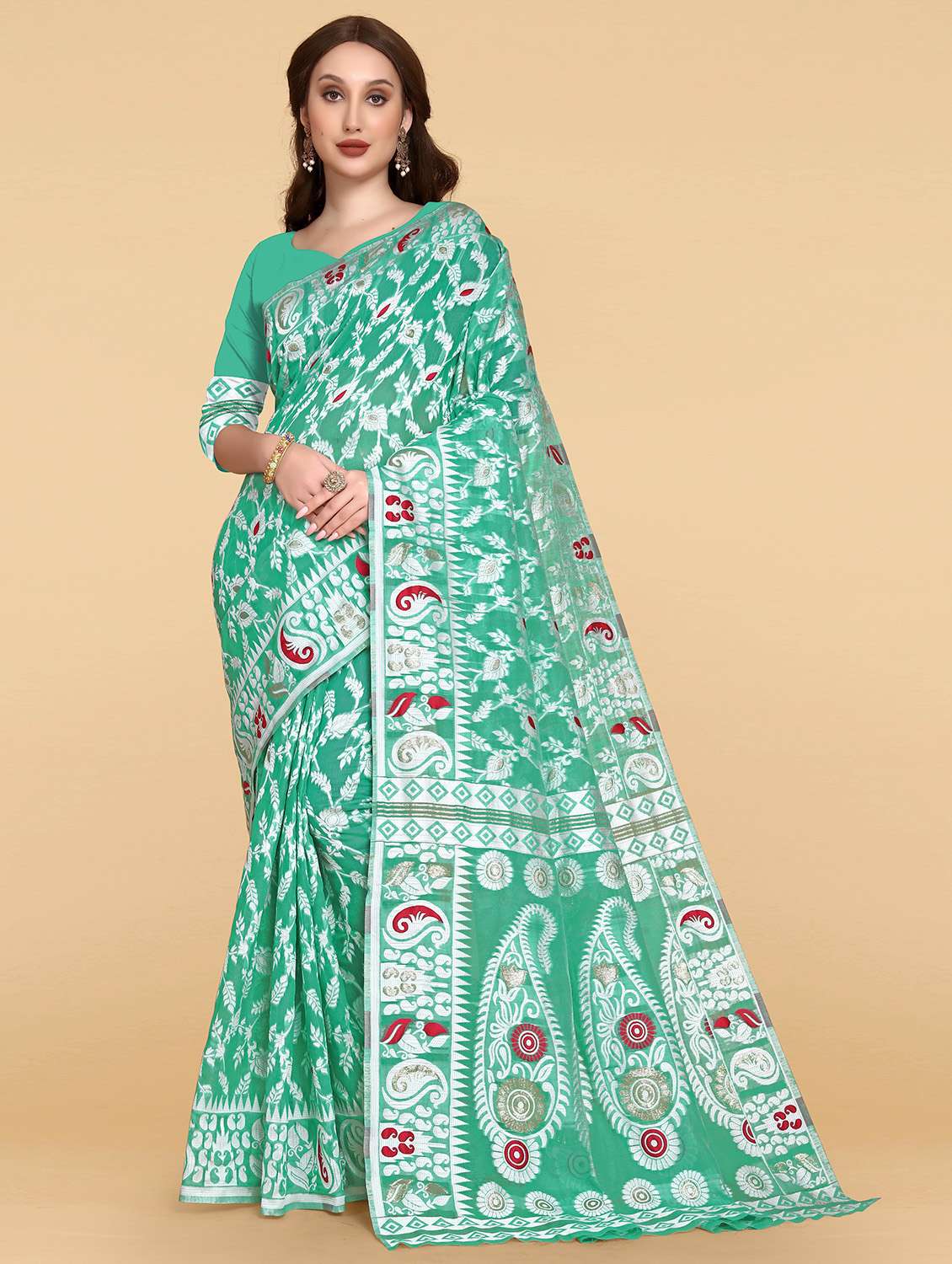 green cotton silk jamdani saree