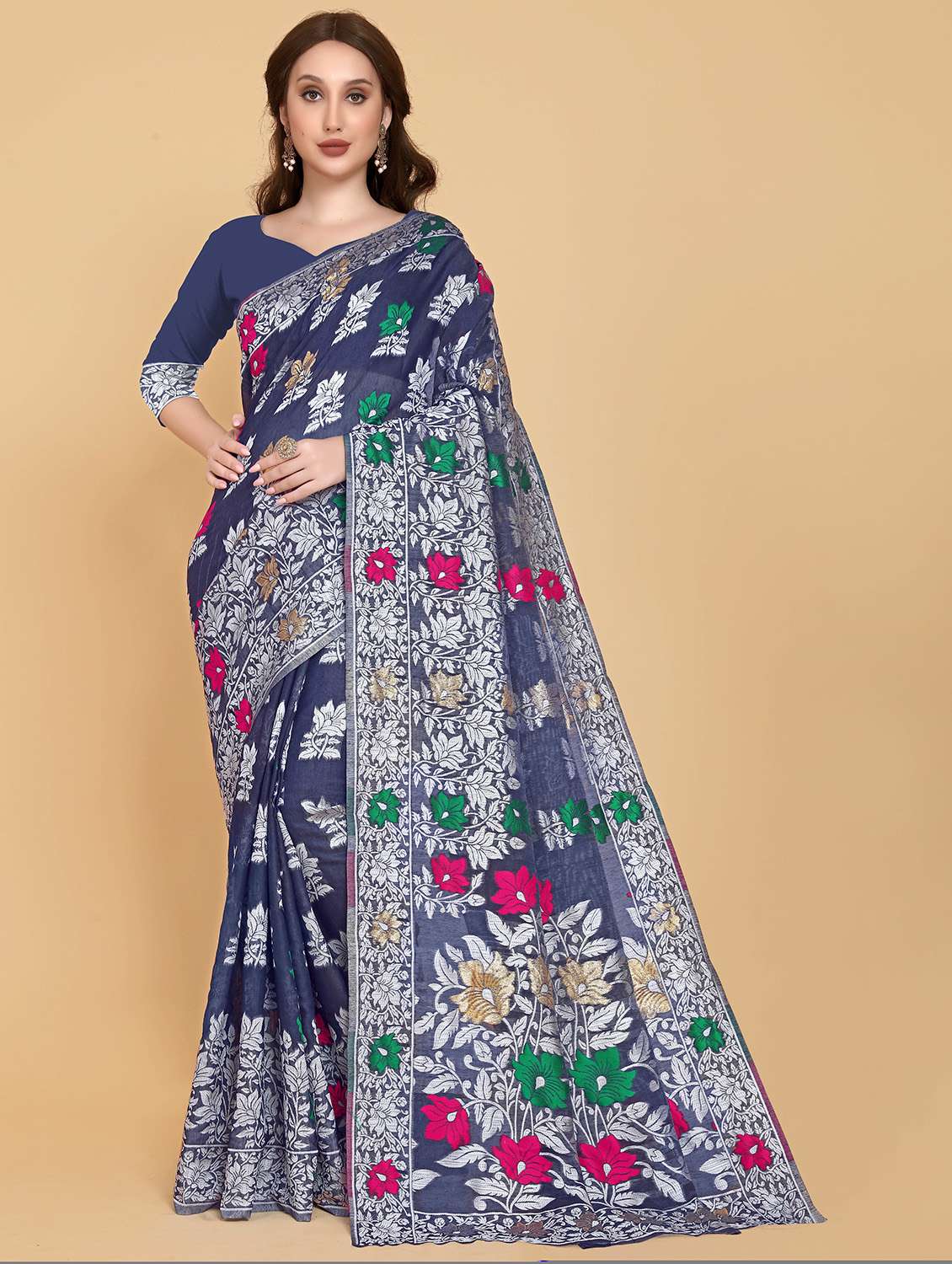 blue printed jamdani saree