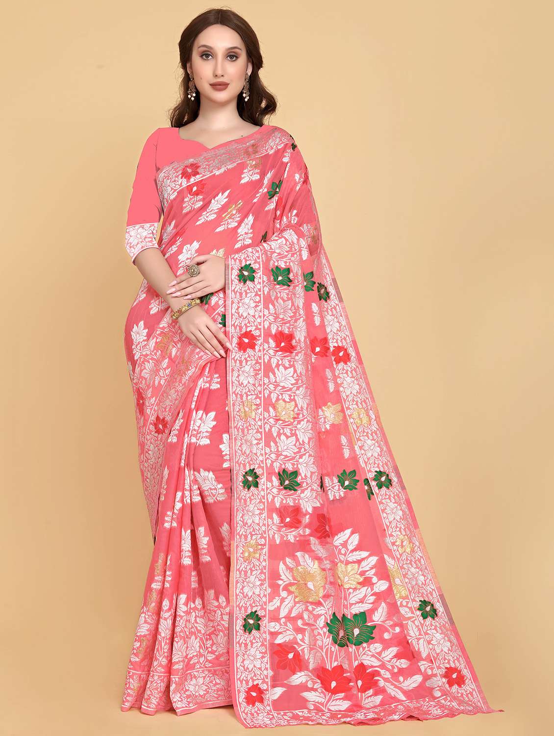 pink printed jamdani saree
