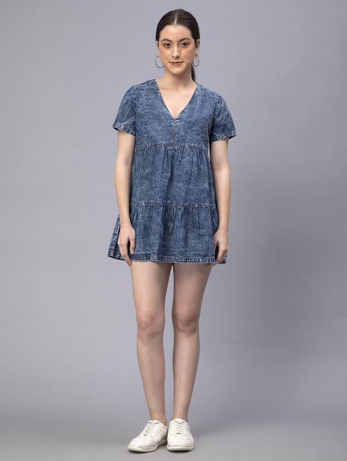 women blue fit & flare solid dress - 19905842 - Standard Image - 0