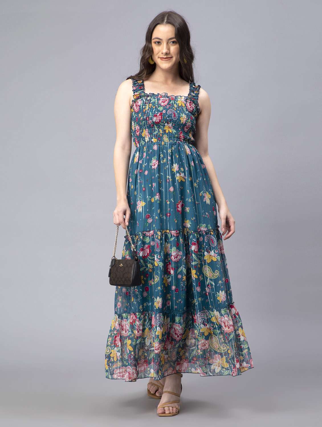Women Floral Printed Sleeveless Tiered Dress