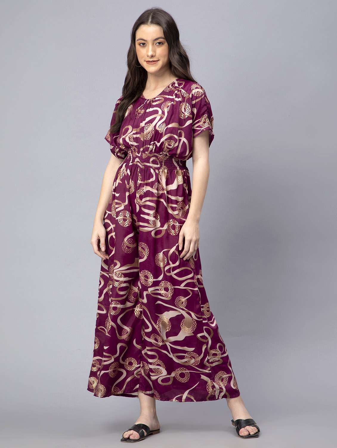 purple printed v-neck full leg jumpsuit