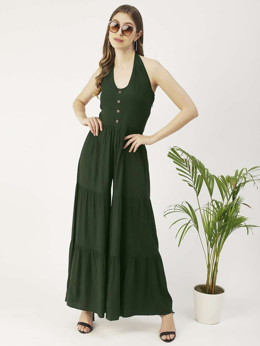 green viscose full leg  jumpsuit
