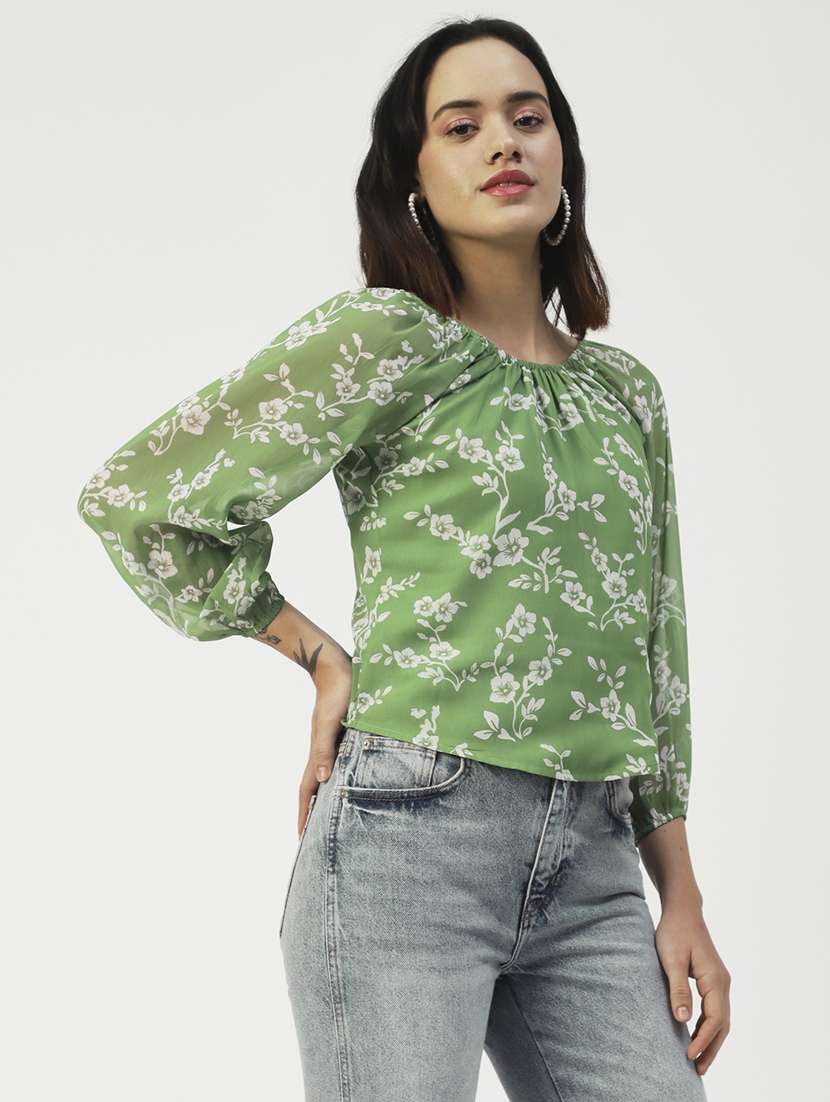 women green floral printed regular  top