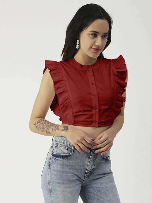 women's crop mandarin neck top - 19907396 -  Standard Image - 0