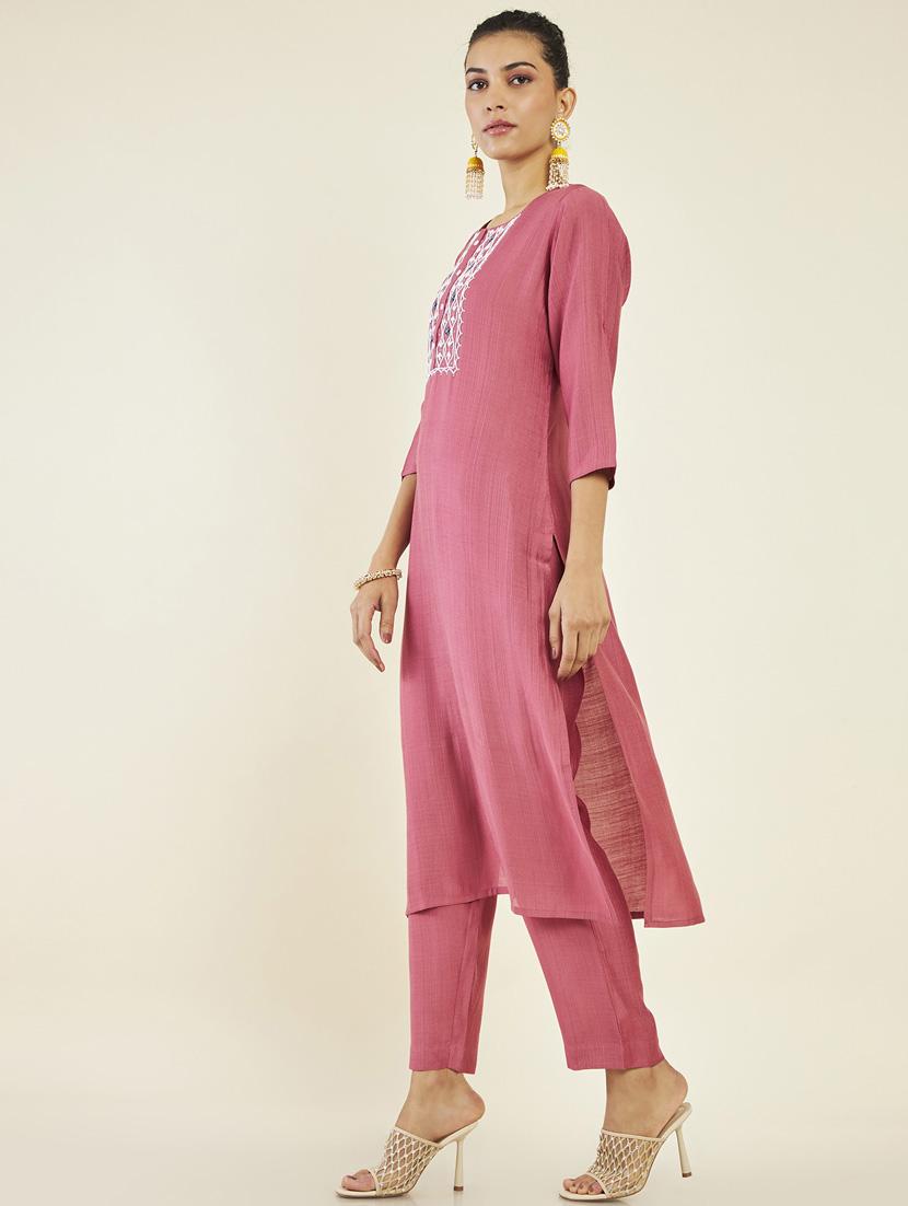 women pink round neck kurta pant set - 19907495 - Standard Image - 2