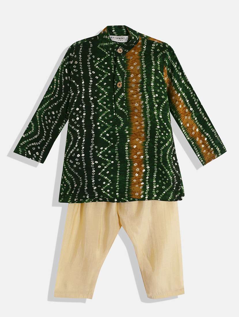 green bandhani print kurta sets 