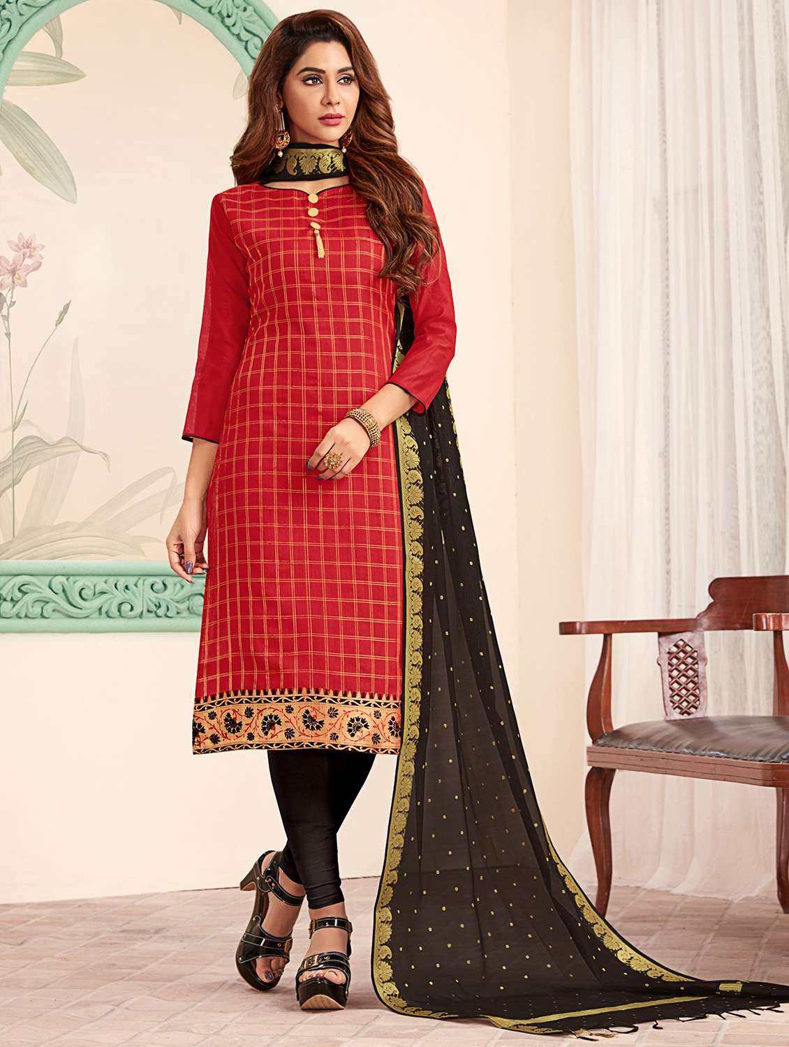 self design unstitched chudidar suits set