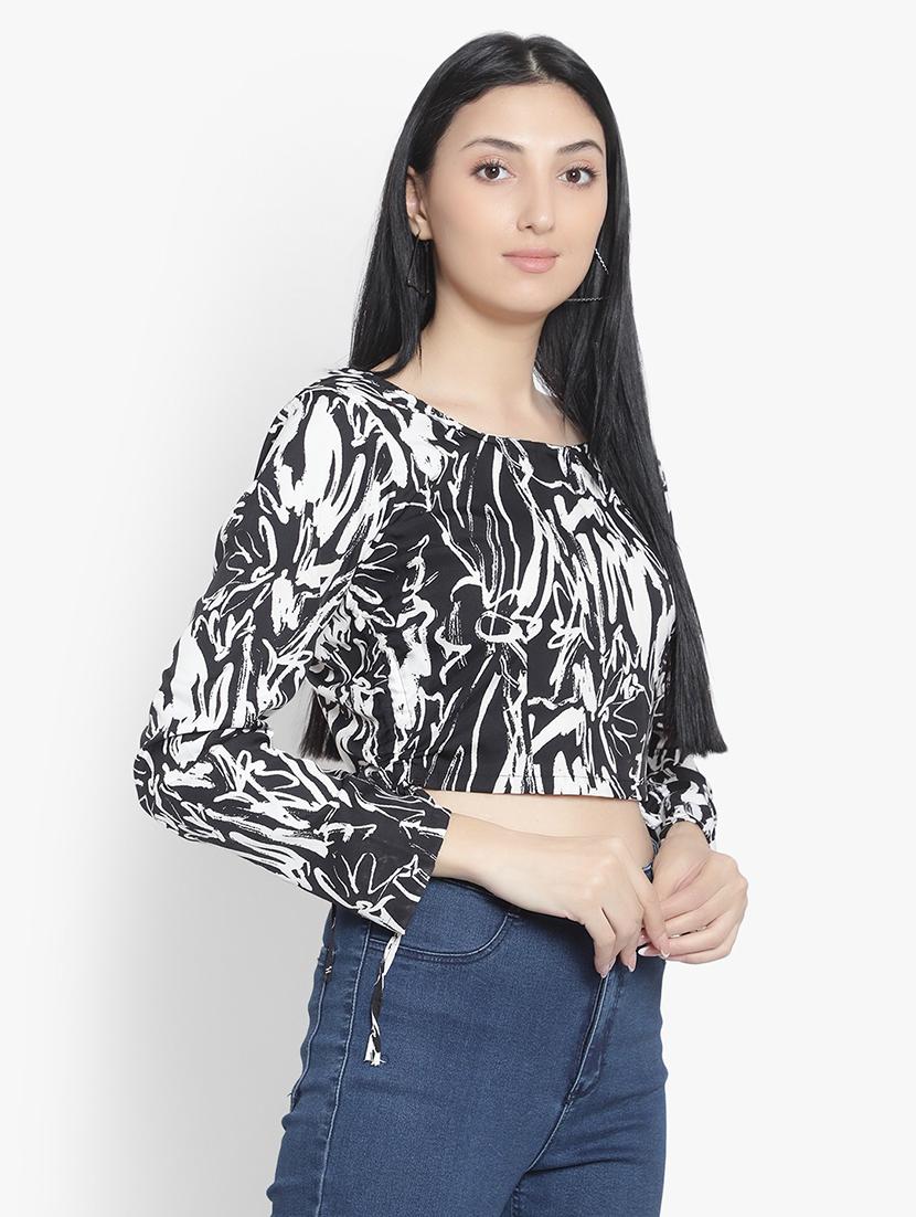 black printed ruched crop top - 19910707 - Standard Image - 2