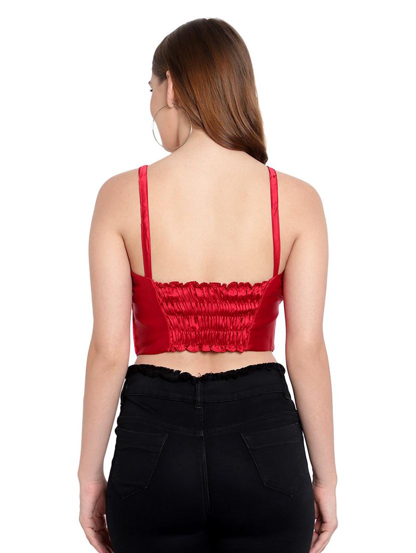 red solid ruched shoulder strap crop top - 19910719 - Standard Image - 2