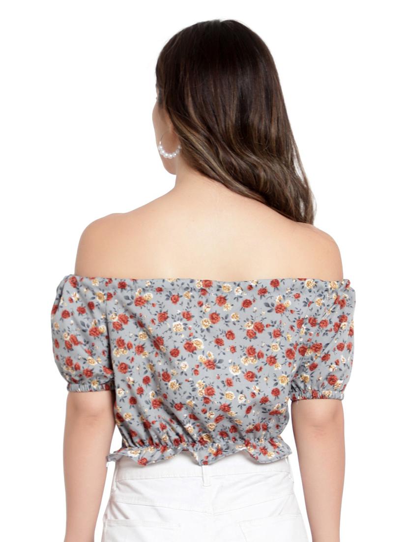 grey floral print off shoulder crop top - 19910746 - Standard Image - 2