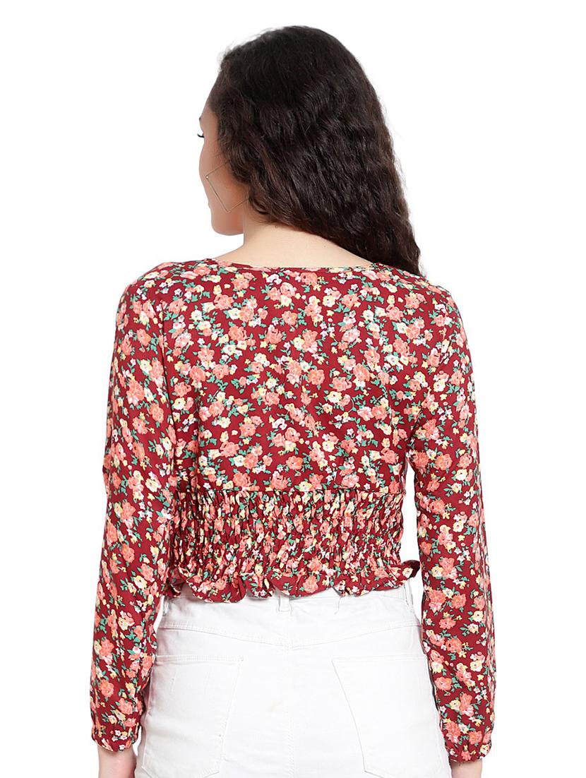 red floral print overlap neck crop top - 19910838 - Standard Image - 2