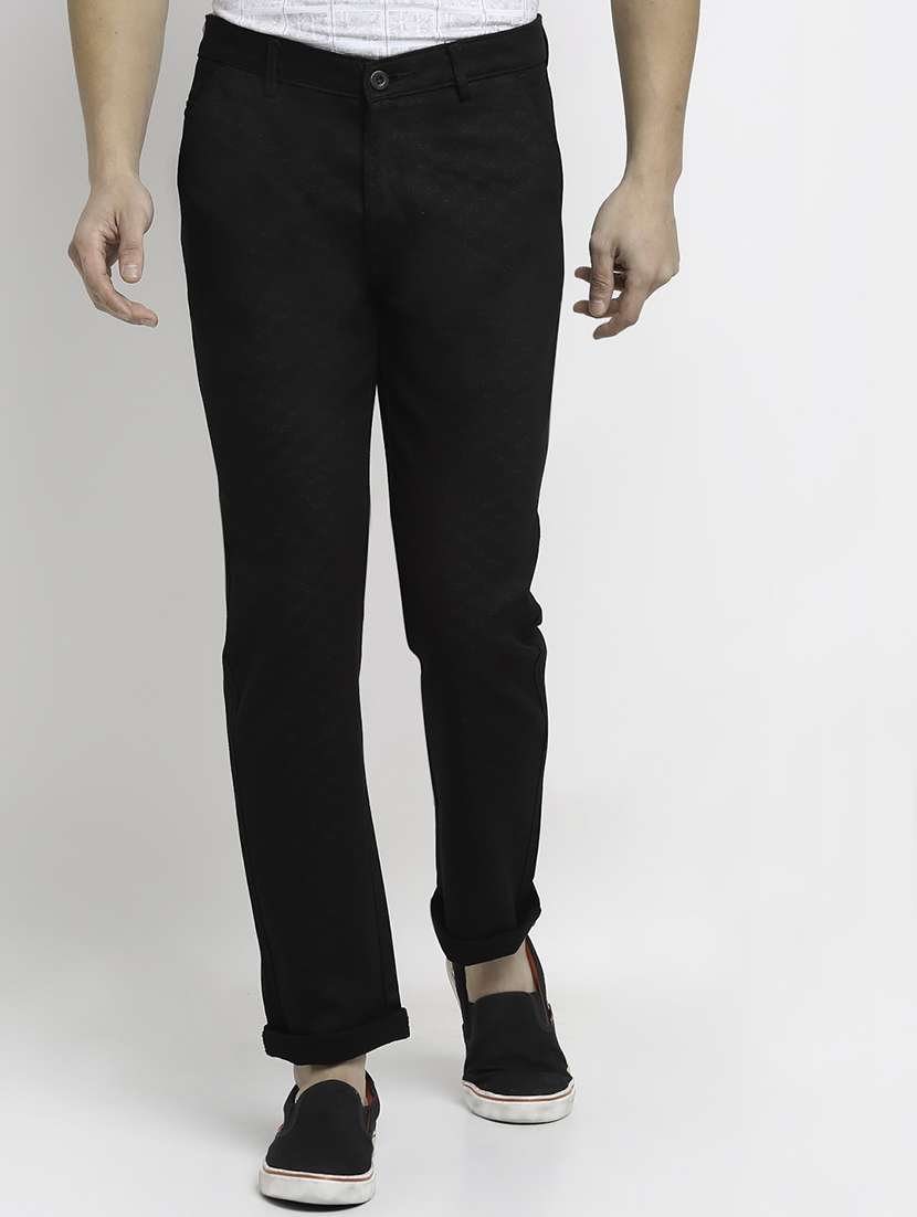 black cotton flat front casual trousers
