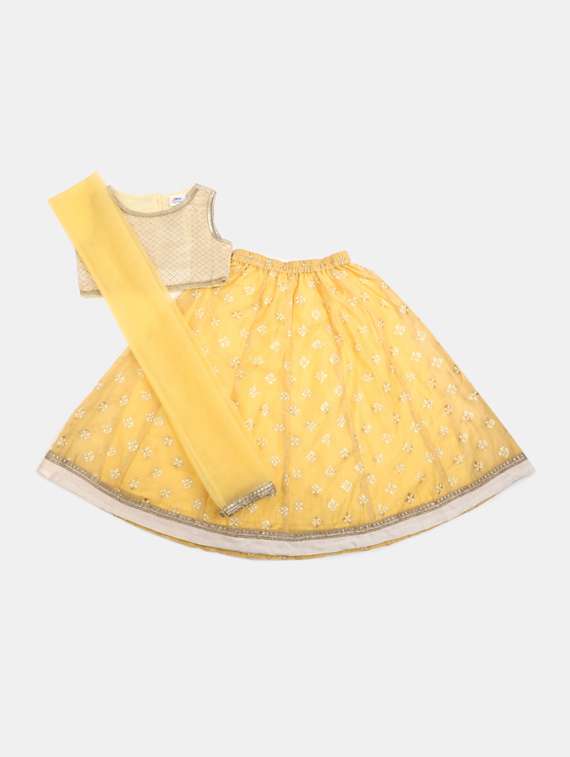 yellow self design lehenga choli