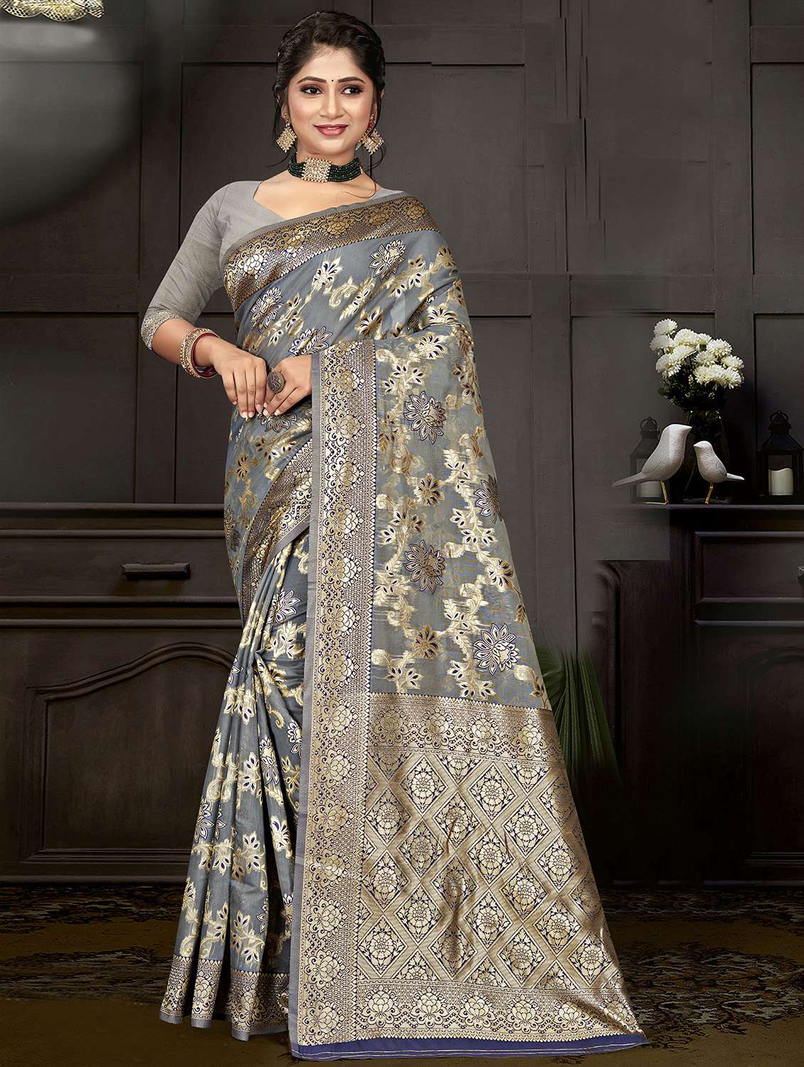 women's self design grey colored saree with blouse