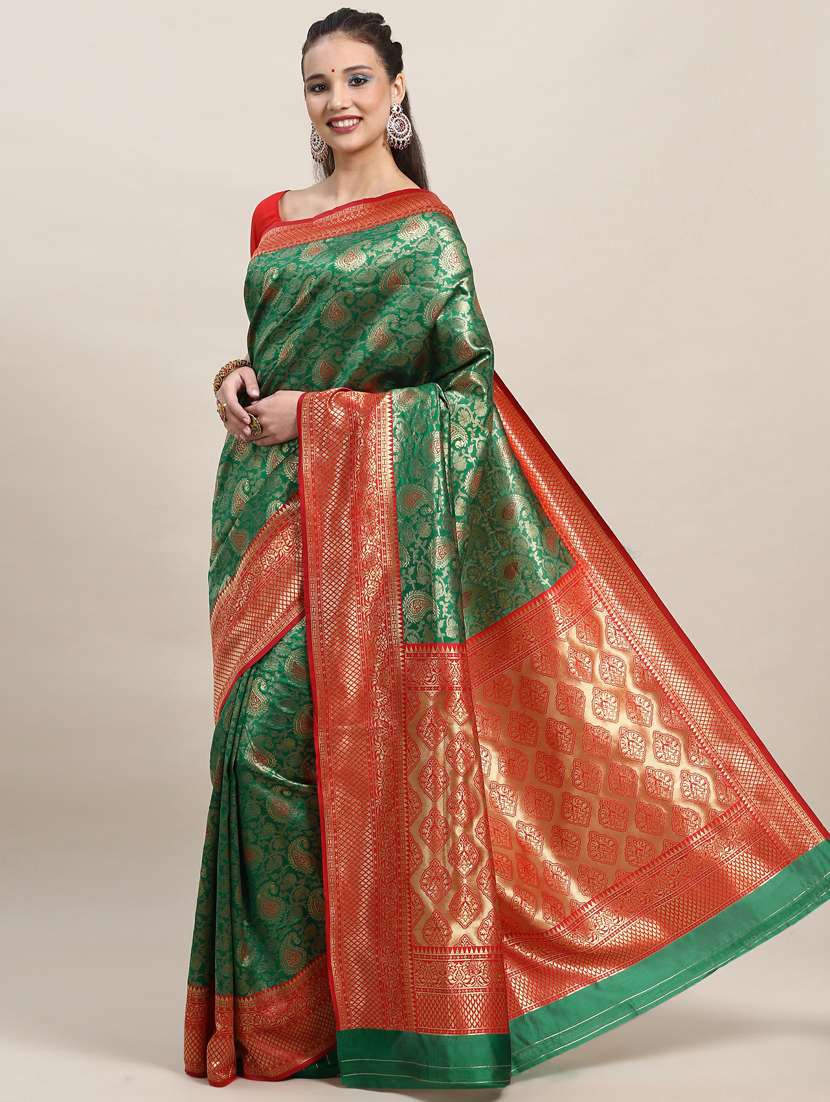 green ethnic motif banarasi contrast bordered saree with blouse