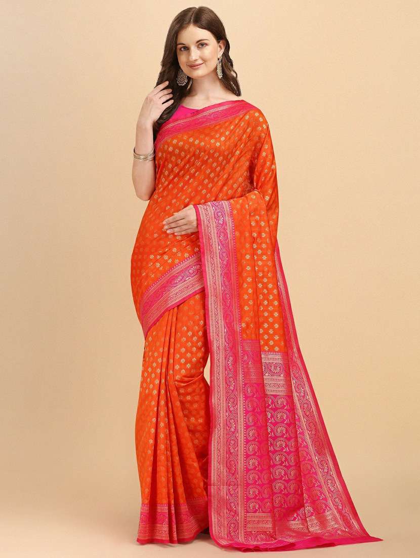 orange self designed kanjivaram contrast border saree with blouse