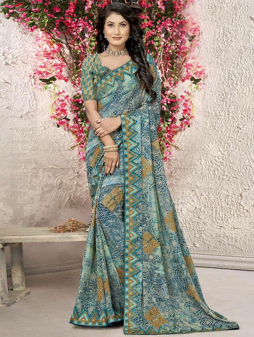 women's floral blue colored saree with blouse