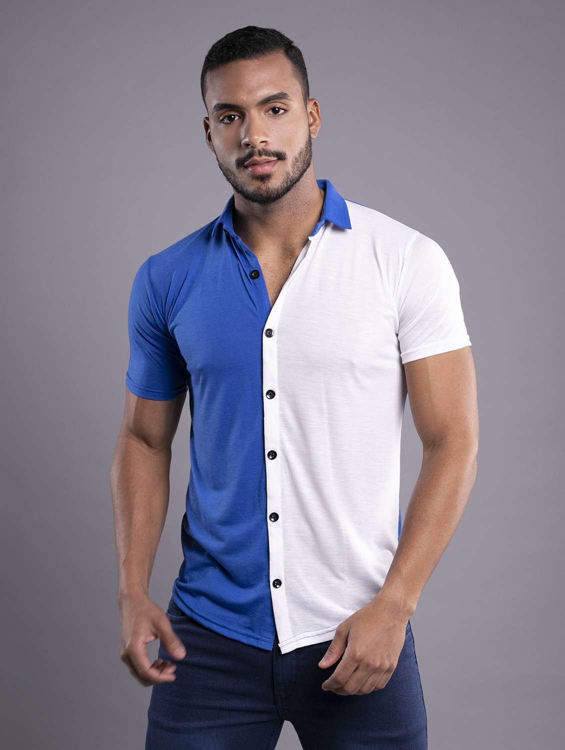 mens blue slim fit color block casual shirt