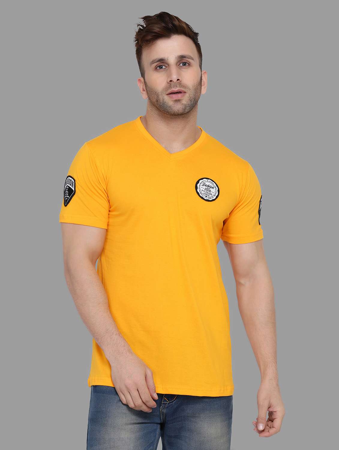 men yellow slim fit v-neck plain t-shirt