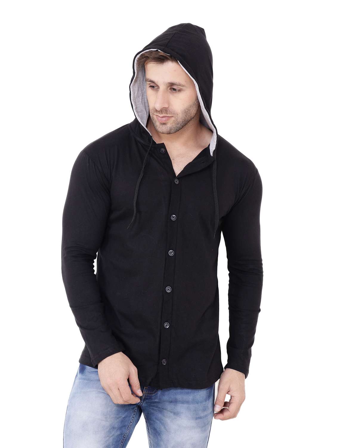 men slim fit long sleeve hooded shirt