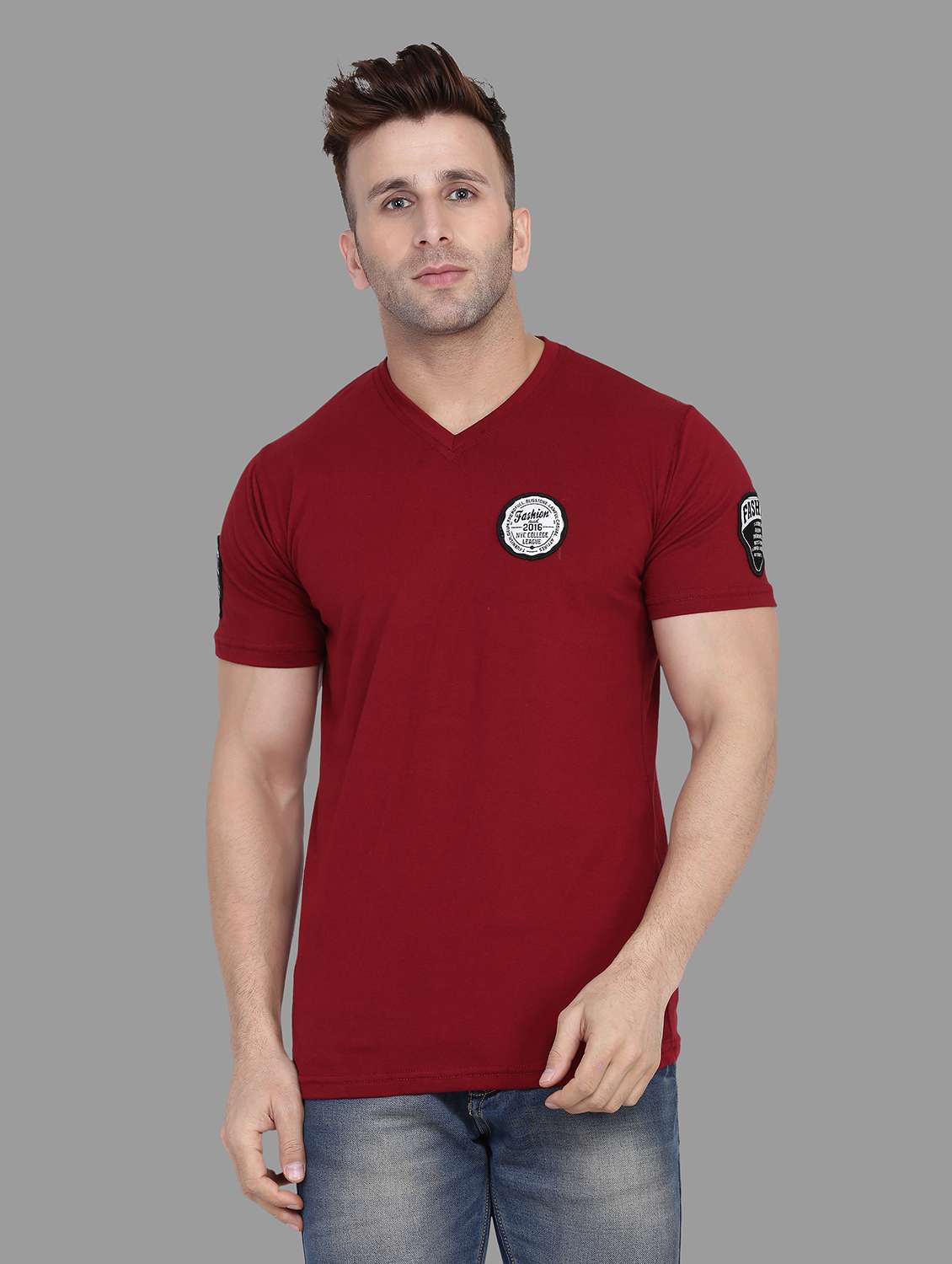 men maroon regular fit v-neck t-shirt