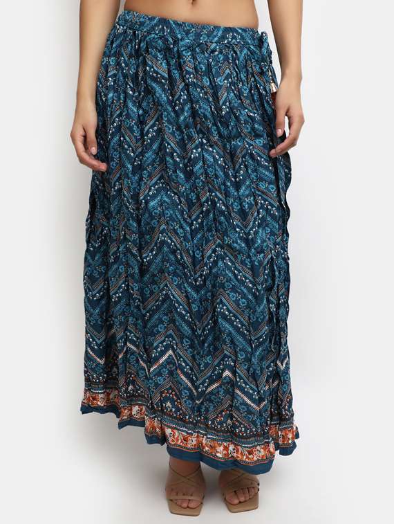 blue printed flared maxi skirt