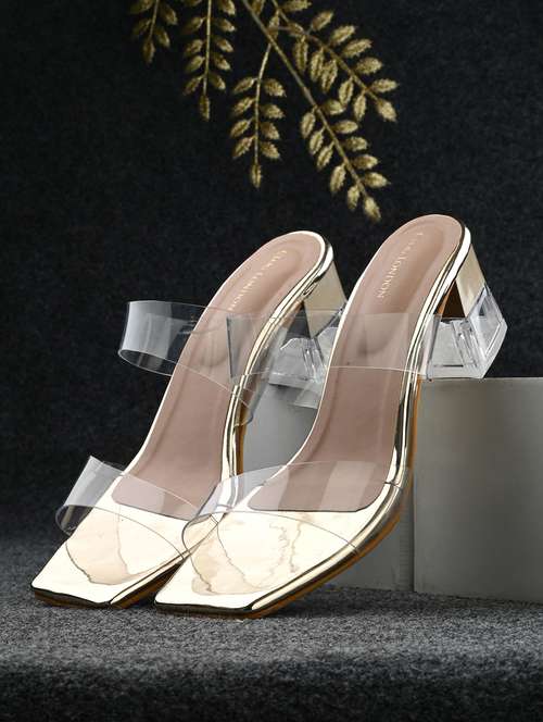 gold transparent strap block heel sandal - 19920009 - Standard Image - 0